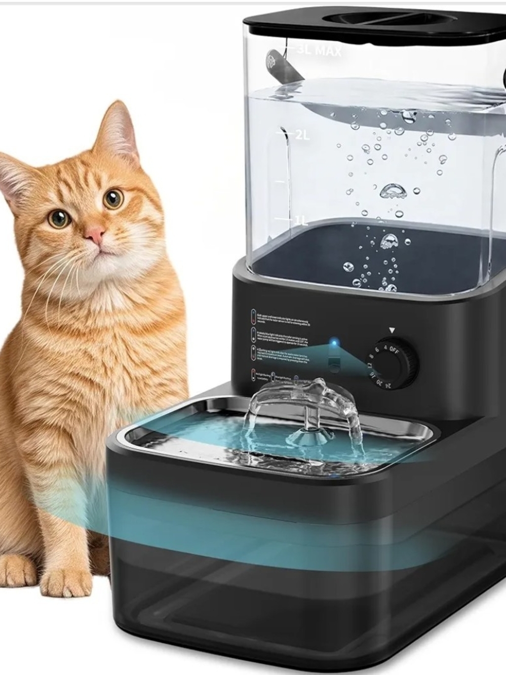 3L Wireless Cat Water Fountain Filterless Motion Sensor Stainless Steel 4000mAh